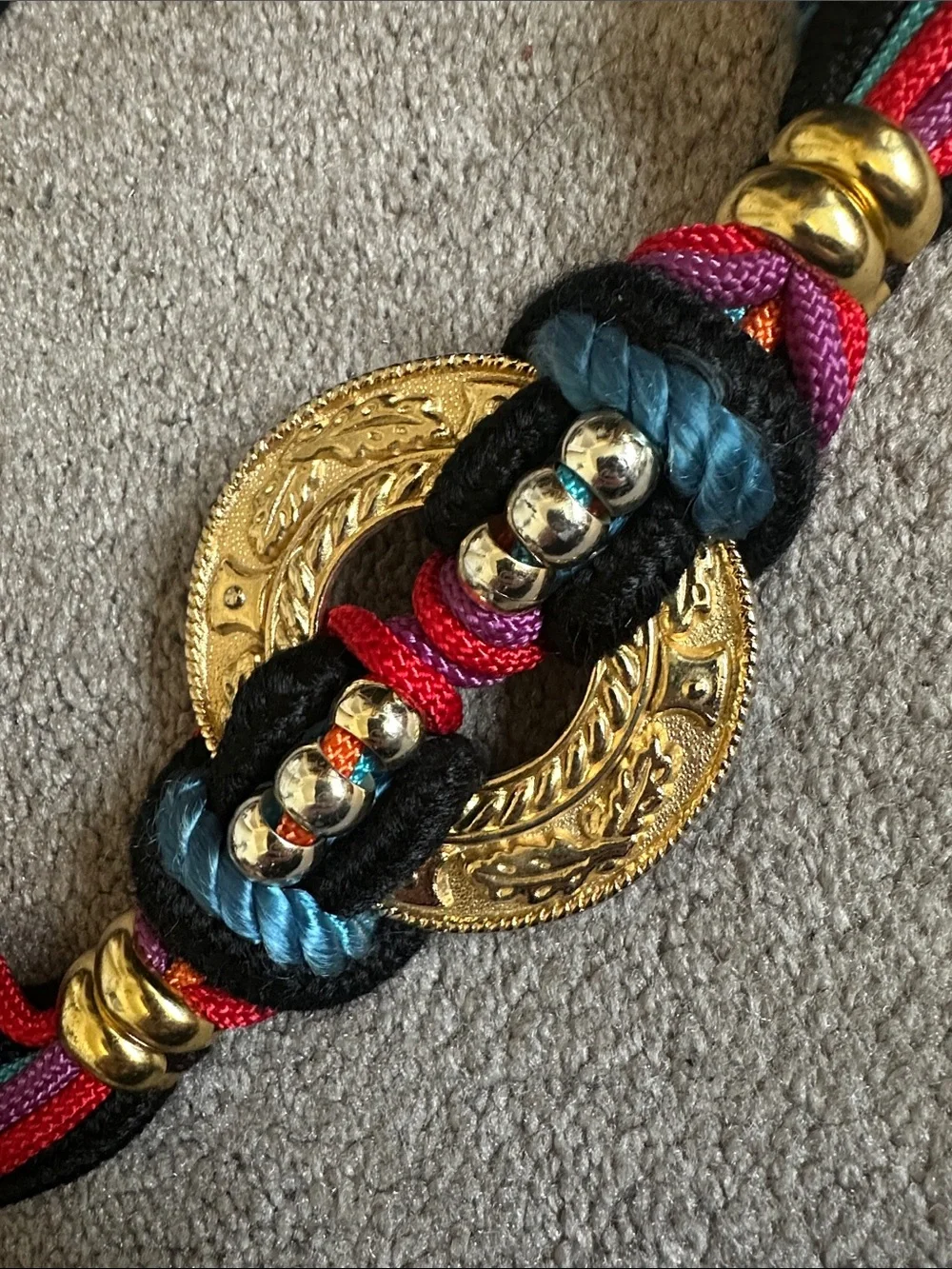 Free People Multicolor Braided Cord Belt with Gold Medallion